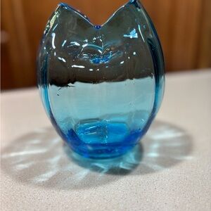 Vintage Bischoff Blue Glass Vase with Pinched Top